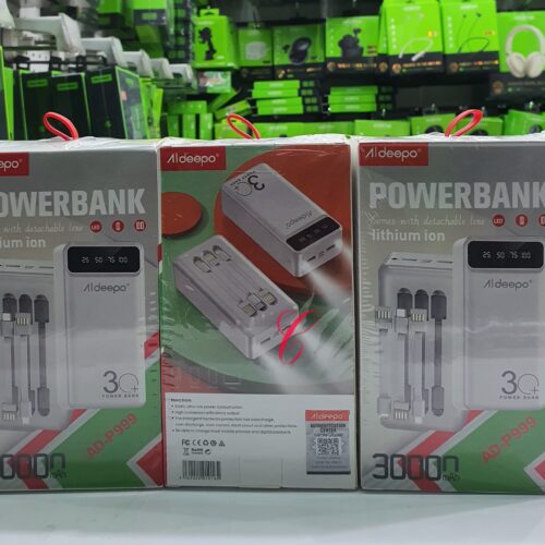Aldeepo AD-PD999 30,000mAh Power Bank with 3 Built-in Cables – Fast Charging, High-Capacity, Portable