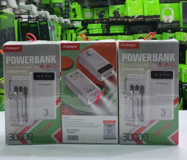Aldeepo AD-PD999 30,000mAh Power Bank with 3 Built-in Cables – Fast Charging, High-Capacity, Portable